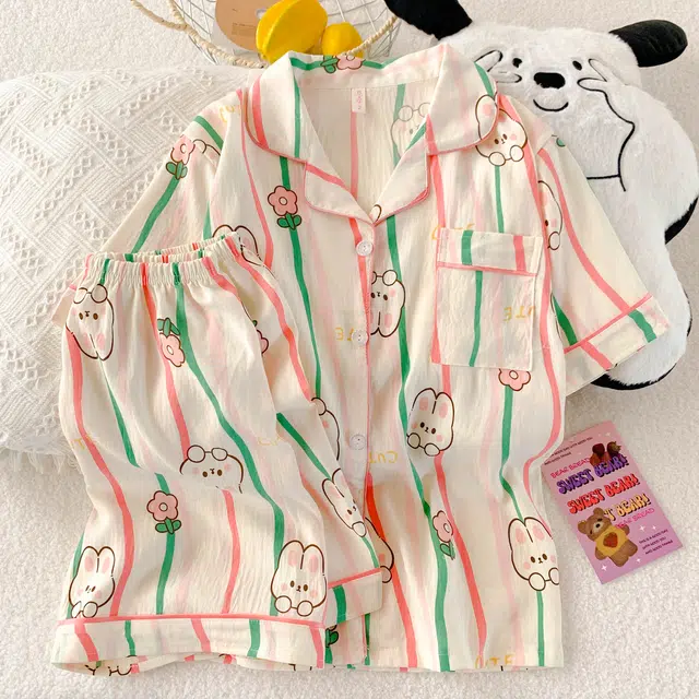 夏芬妍 柔软舒适条纹花朵萌兔云朵棉翻领开衫家居服亲肤休闲短袖短裤可外穿睡衣套装 女款 杏色