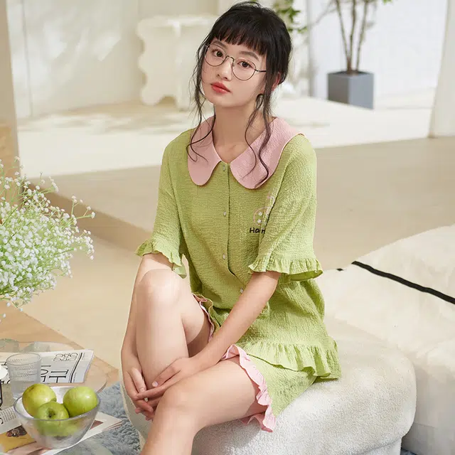夏芬妍 甜美柔软舒适花边云朵棉公主翻领家居服亲肤休闲短袖短裤可外穿睡衣套装 女款 绿色