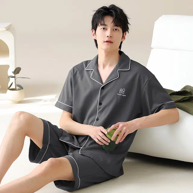 夏芬妍 简约舒适柔软高级感纯色纯棉翻领开衫家居服亲肤休闲短袖短裤时尚可外穿睡衣套装 男款 深灰色