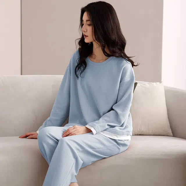 夏芬妍 时尚简约亲肤拼接色纯棉华夫格圆领套头家居服舒适休闲长袖长裤可外穿春秋款睡衣套装 女款 蓝色