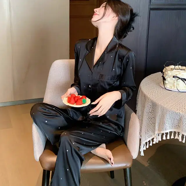 夏芬妍 简约舒适高级感气质暗夜之星翻领家居服亲肤休闲长袖长裤可外穿睡衣套装 女款 黑色