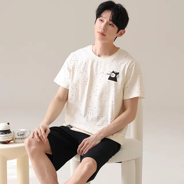 夏芬妍 柔软舒适卡通音乐猫圆领家居服亲肤休闲短袖短裤时尚可外穿夏季睡衣套装 男款
