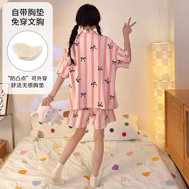 夏芬妍 柔软舒适条纹蝴蝶结翻领开衫家居服亲肤短袖短裤休闲带胸垫可外穿睡衣套装 女款