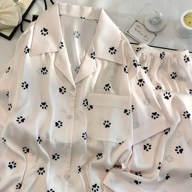 夏芬妍 简约高级感猫咪小爪冰雪丝翻领家居服舒适亲肤宽松短袖三件套可外穿睡衣套装 女款