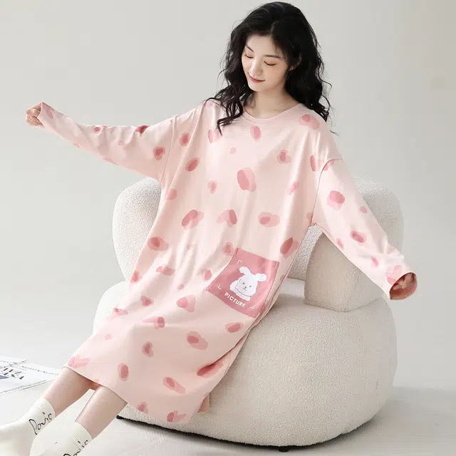 夏芬妍 舒适柔软不规则色块贴袋带胸垫圆领家居服亲肤休闲长袖可外穿中长款睡衣礼盒 女款 粉色