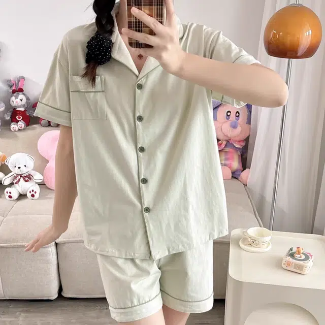 夏芬妍 简约休闲舒适时尚纯色纯棉翻领家居服亲肤宽松短袖短裤可外穿睡衣套装 女款