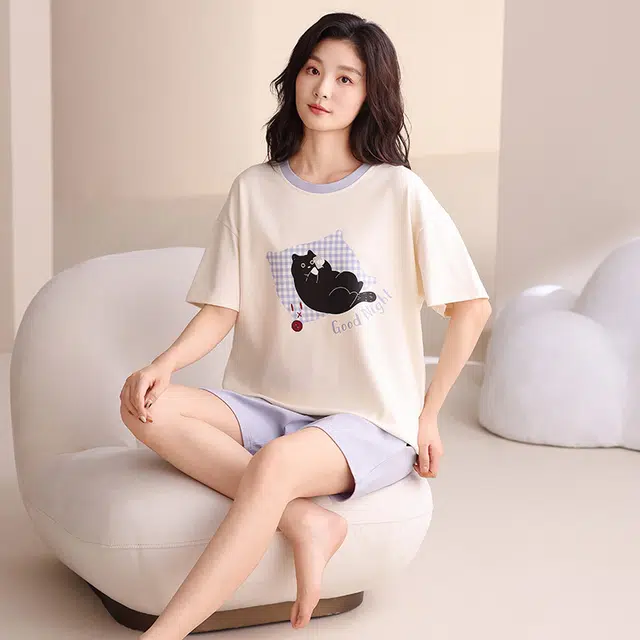 夏芬妍 简约休闲熬夜小猫舒适亲肤宽松短袖短裤时尚圆领可外穿家居服睡衣套装 女款 杏色