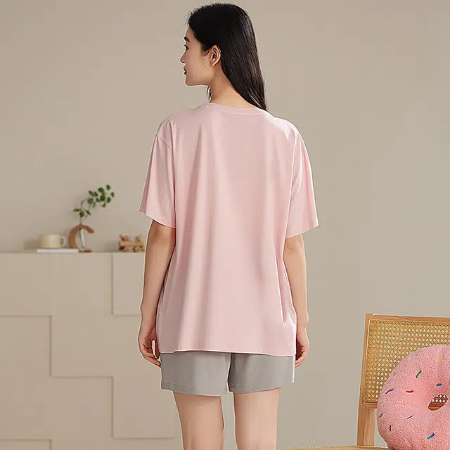 夏芬妍 时尚柔软亲肤纯色圆领家居服简约休闲舒适短袖短裤可外穿睡衣套装 女款 粉色