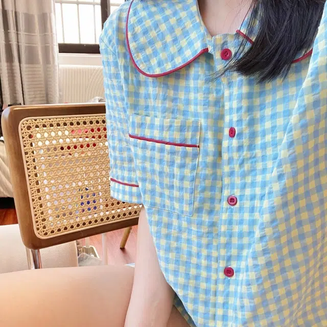 夏芬妍 柔软舒适甜美格子云朵棉翻领开衫家居服亲肤休闲短袖短裤休闲可外穿睡衣套装 女款