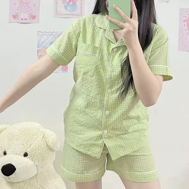 夏芬妍  简约休闲舒适时尚纯色纯棉翻领家居服亲肤宽松短袖短裤可外穿睡衣套装 女款 绿色