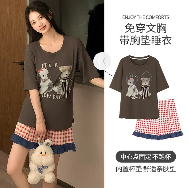 夏芬妍 柔软舒适甜美两只小狗冰丝螺纹家居服亲肤休闲带胸垫短袖短裤时尚可外穿睡衣套装 女款 棕色