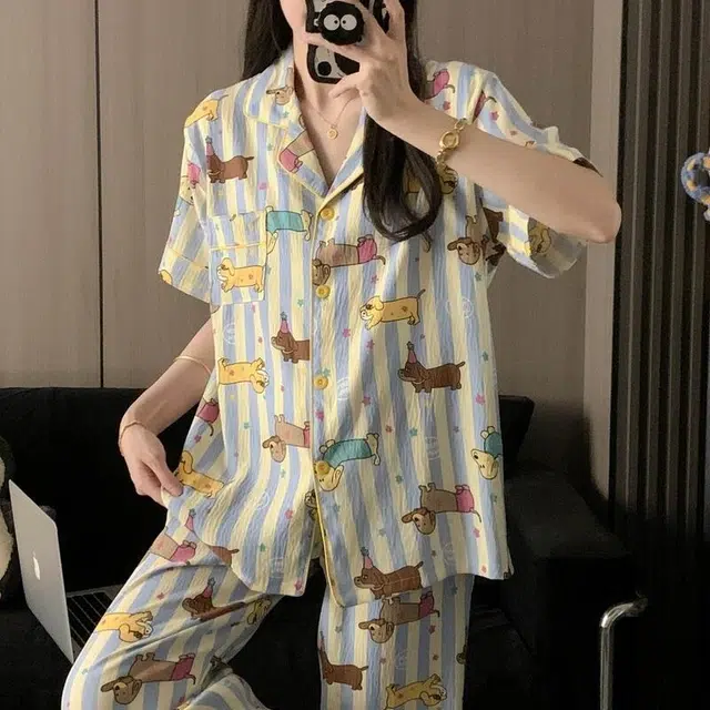 夏芬妍 柔软舒适星星条纹小狗云朵棉翻领开衫家居服亲肤休闲短袖三件套时尚可外穿睡衣套装 女款