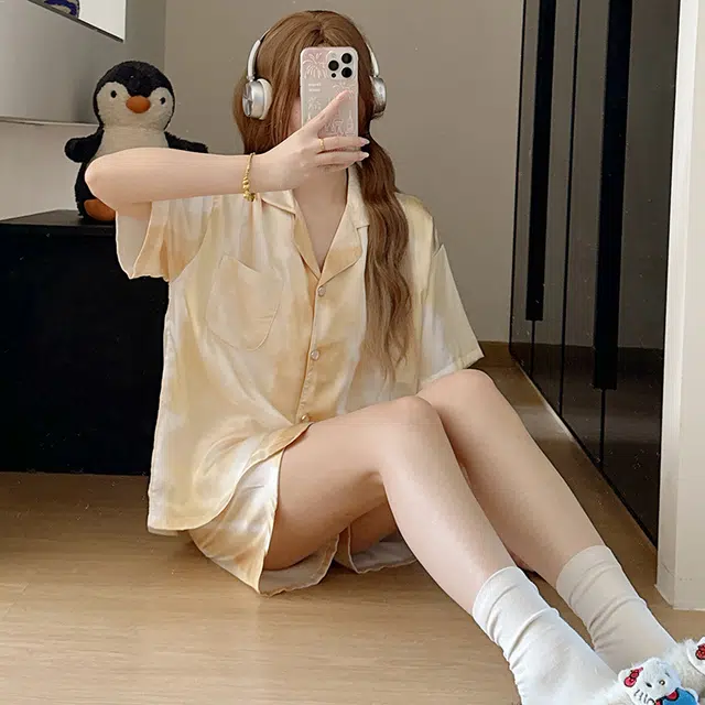 夏芬妍 休闲舒适高级感晕染冰丝翻领家居服亲肤宽松短袖短裤长裤时尚可外穿夏季睡衣套装 女款