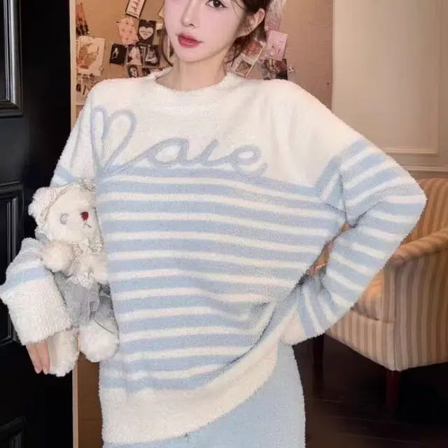 夏芬妍 简约甜美柔软亲肤爱心英文条纹半边绒加绒加厚蓄温保暖长袖长裤可外穿睡衣套装 女款 蓝色