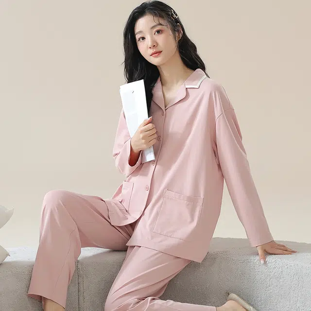 夏芬妍 时尚休闲舒适纯色贴袋翻领家居服亲肤宽松长袖长裤可外穿春秋款睡衣套装 女款 藕粉色