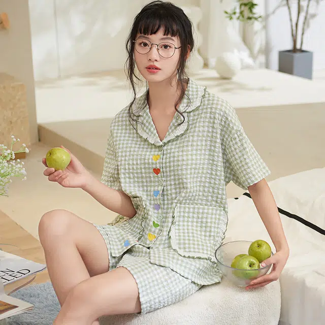 夏芬妍 甜美柔软舒适格子爱心云朵棉翻领家居服亲肤休闲短袖短裤可外穿睡衣套装 女款 绿色