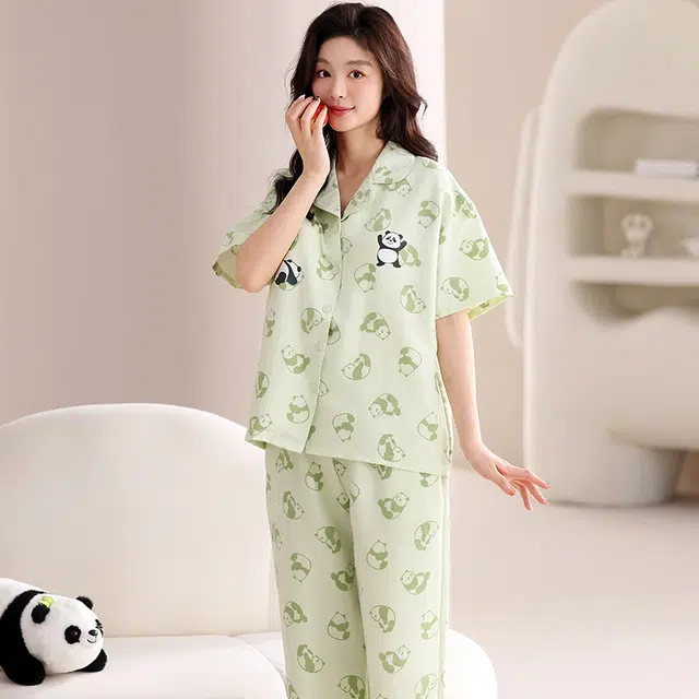 夏芬妍  甜美可爱欢乐熊猫云朵棉舒适亲肤宽松凉感短袖三件套时尚翻领带胸垫可外穿家居服睡衣套装 女款 绿色