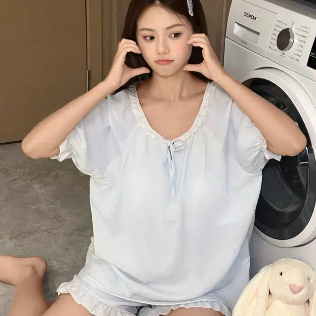 夏芬妍  甜美可爱少女粉蕾丝木耳边圆领短袖短裤家居服舒适柔软休闲带胸垫可外穿睡衣套装 女款