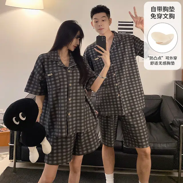 夏芬妍 柔软舒适休闲格子翻领开衫短袖亲肤时尚可外穿家居服睡衣套装 男女同款 灰棕色