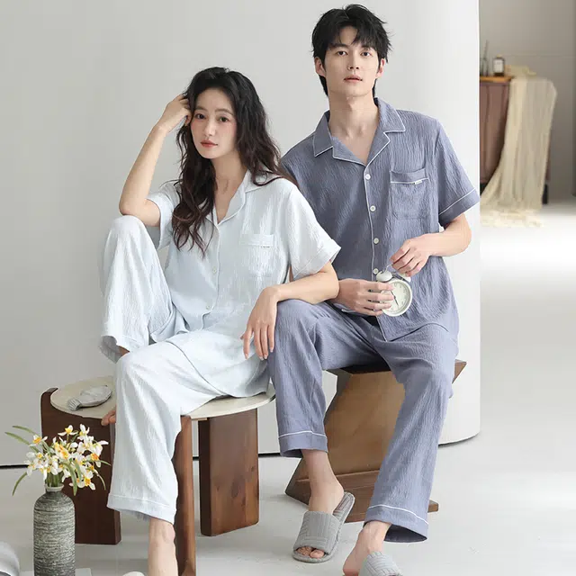 夏芬妍 柔软舒适纯色云朵棉时尚翻领开衫家居服休闲亲肤可外穿短袖长裤睡衣套装 男女同款