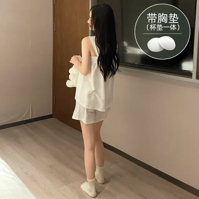 夏芬妍 柔软舒适慵懒风纯色云朵棉家居服亲肤休闲吊带带胸垫短裤时尚可外穿睡衣套装 女款 白色