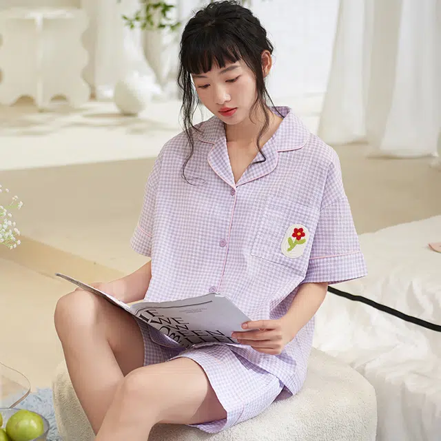 夏芬妍 甜美柔软舒适格子花朵云朵棉翻领家居服亲肤休闲短袖短裤可外穿睡衣套装 女款 紫色