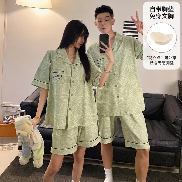 夏芬妍 柔软舒适休闲翻领开衫短袖亲肤时尚可外穿家居服睡衣套装 男女同款