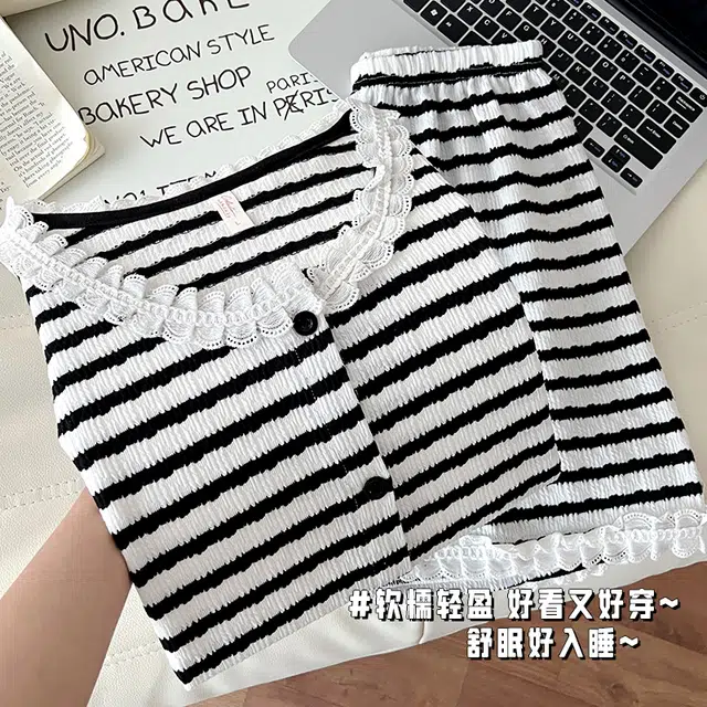 夏芬妍 时尚百搭经典条纹圆领开衫家居服舒适亲肤休闲短袖短裤可外穿睡衣套装 女款 黑色