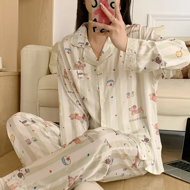 夏芬妍 甜美休闲舒适条纹派对小狗冰丝家居服亲肤宽松长袖长裤时尚可外穿睡衣套装 女款