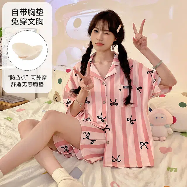 夏芬妍 柔软舒适条纹蝴蝶结翻领开衫家居服亲肤短袖短裤休闲带胸垫可外穿睡衣套装 女款