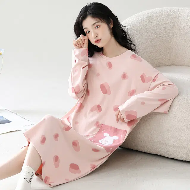 夏芬妍 舒适柔软不规则色块贴袋带胸垫圆领家居服亲肤休闲长袖可外穿中长款睡衣礼盒 女款 粉色