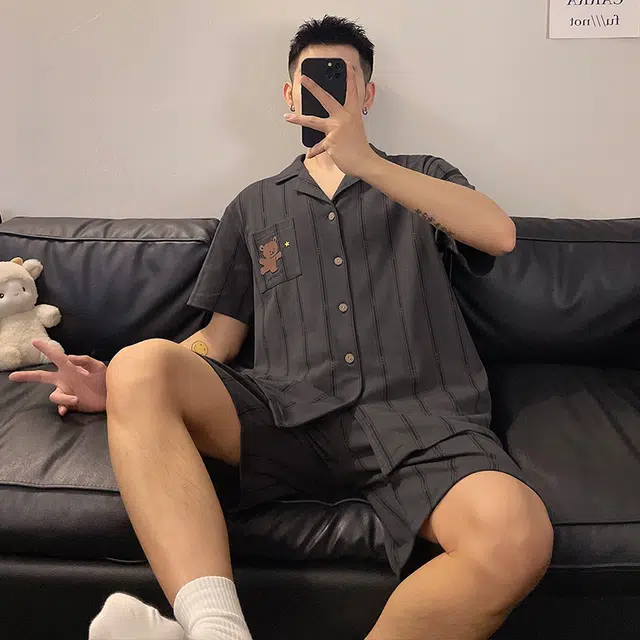 夏芬妍 柔软舒适休闲条纹卡通翻领开衫短袖亲肤时尚可外穿家居服睡衣套装 男女同款