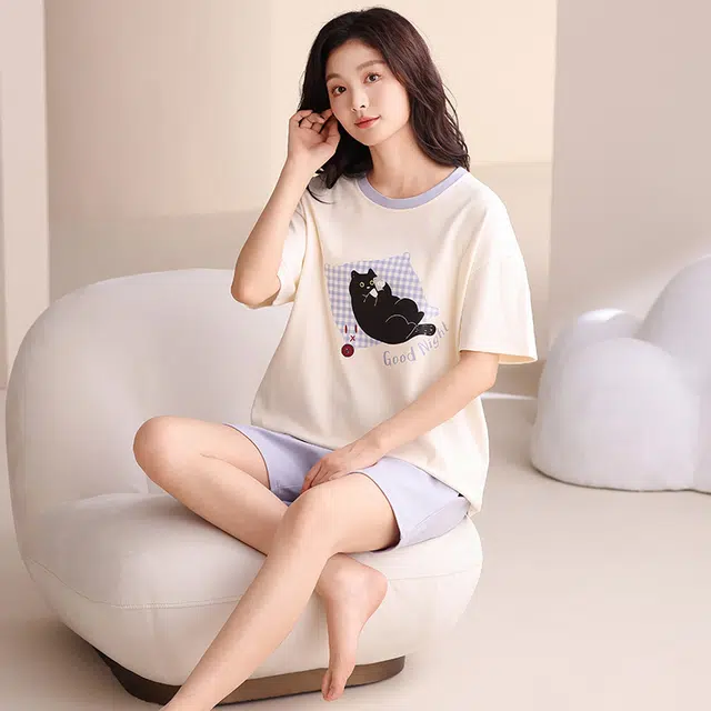 夏芬妍 简约休闲熬夜小猫舒适亲肤宽松短袖短裤时尚圆领可外穿家居服睡衣套装 女款 杏色