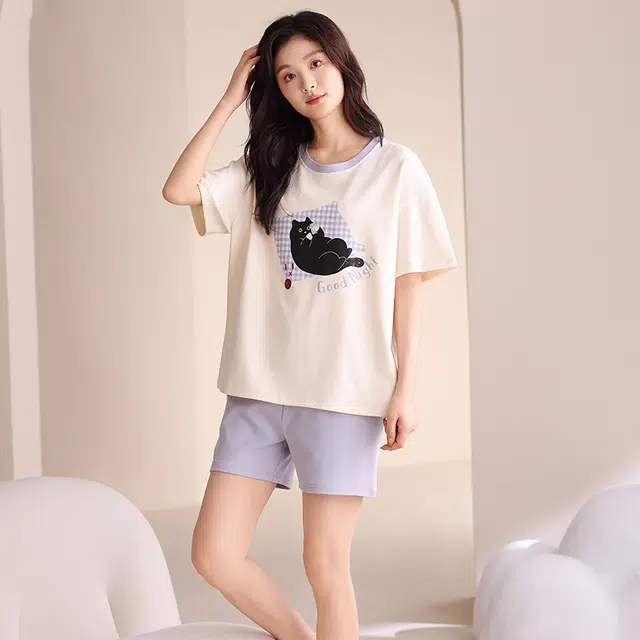 夏芬妍 简约休闲熬夜小猫舒适亲肤宽松短袖短裤时尚圆领可外穿家居服睡衣套装 女款 杏色