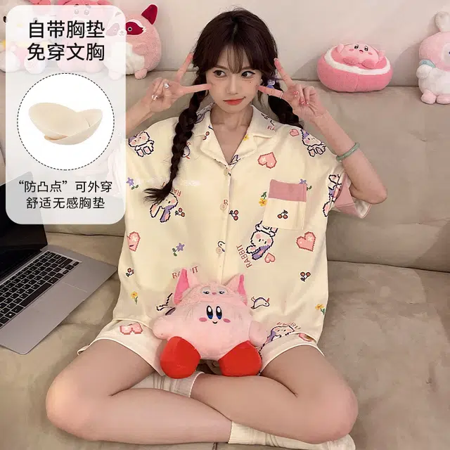 夏芬妍 柔软舒适卡通爱心兔子翻领开衫家居服亲肤短袖短裤休闲带胸垫可外穿睡衣套装 女款