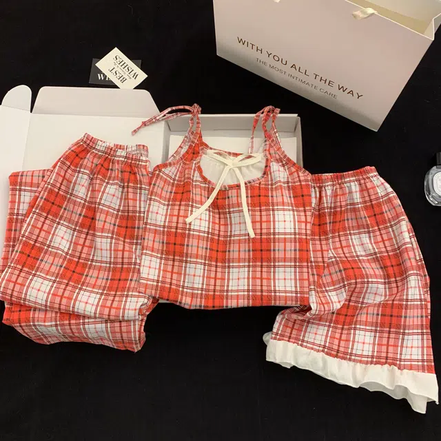 夏芬妍 甜美少女风复古格子吊带家居服舒适柔软休闲带胸垫三件套可外穿睡衣套装 女款