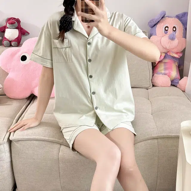 夏芬妍 简约休闲舒适时尚纯色纯棉翻领家居服亲肤宽松短袖短裤可外穿睡衣套装 女款