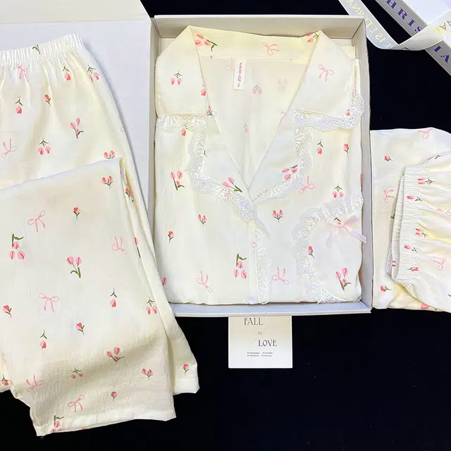 夏芬妍 甜美柔软舒适郁金香蕾丝花边云朵棉翻领家居服亲肤休闲短袖三件套时尚可外穿睡衣套装 女款 杏色