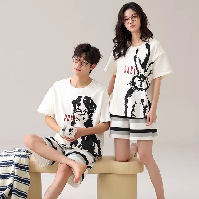 夏芬妍 柔软舒适条纹萌宠翻领家居服休闲短袖短裤时尚可外穿睡衣套装 男女同款