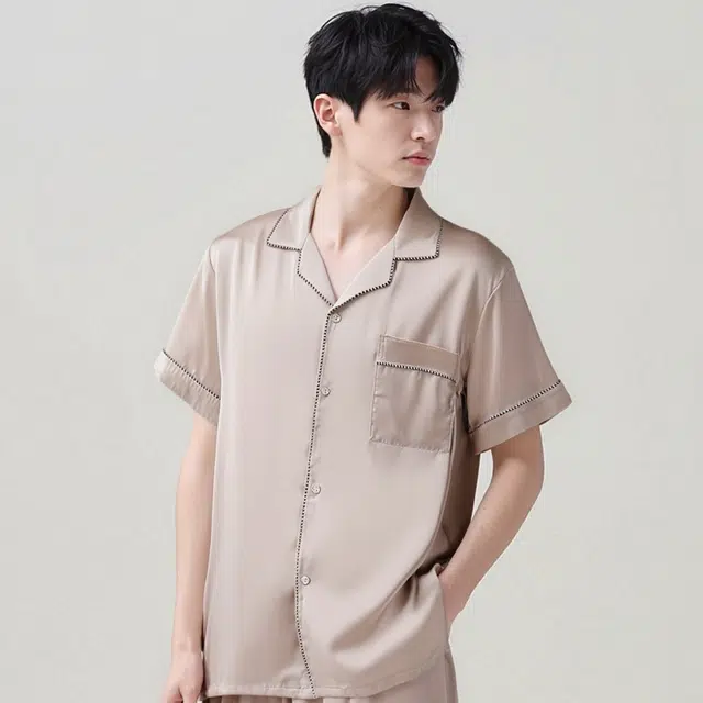 夏芬妍 简约休闲经典百搭纯色冰丝舒适亲肤宽松短袖短裤时尚翻领可外穿家居服睡衣套装 男款 粉色