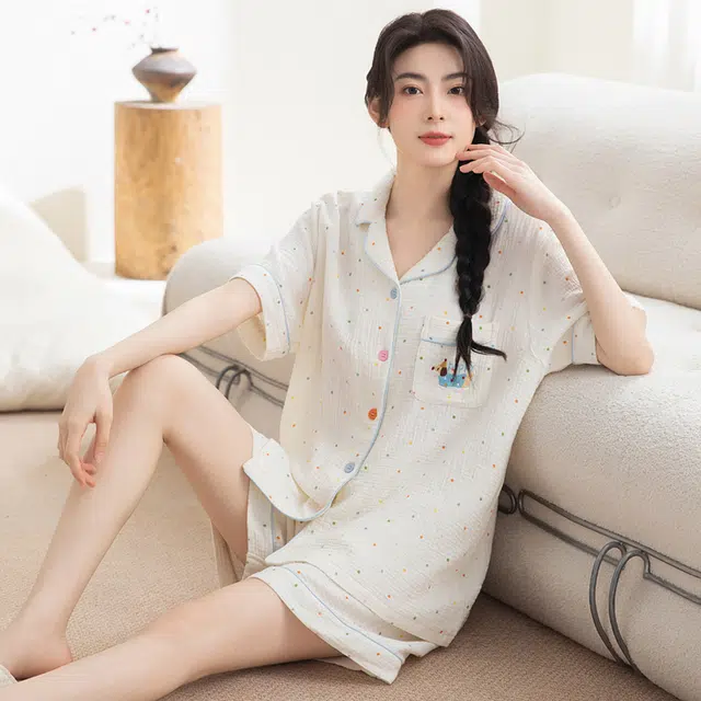 夏芬妍 甜美可爱卡通婴儿棉双层纱翻领短袖短裤家居服简约休闲可外穿睡衣套装 女款