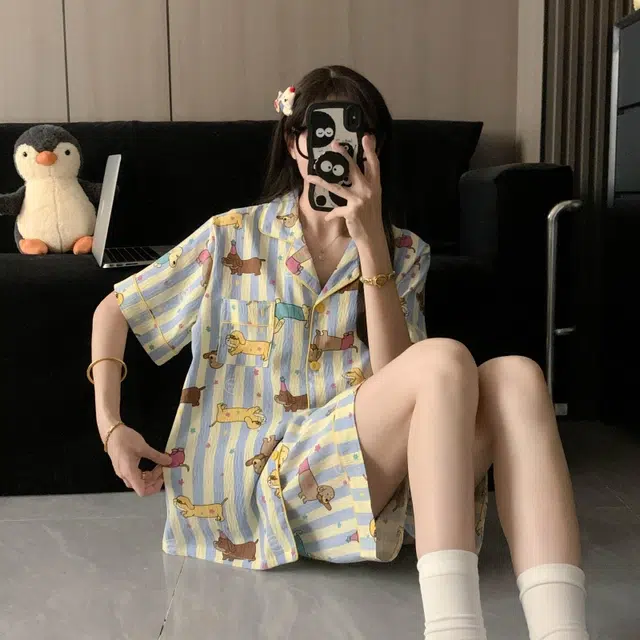 夏芬妍 柔软舒适星星条纹小狗云朵棉翻领开衫家居服亲肤休闲短袖三件套时尚可外穿睡衣套装 女款