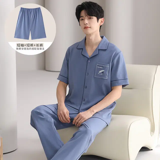 夏芬妍 简约舒适纯色纯棉翻领家居服亲肤宽松休闲短袖短裤长裤三件套时尚可外穿睡衣套装 男款 宝蓝色