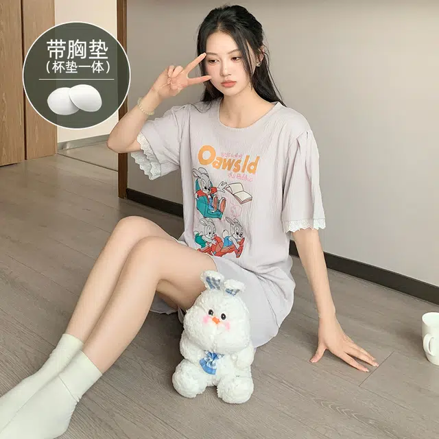 夏芬妍 柔软舒适慵懒风卡通兔子圆领家居服亲肤休闲带胸垫短袖短裤时尚可外穿睡衣套装 女款 灰色