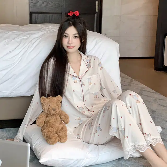 夏芬妍 甜美休闲舒适小熊蕾丝花边长袖长裤可外穿睡衣套装 女款 杏色