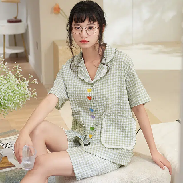 夏芬妍 甜美柔软舒适格子爱心云朵棉翻领家居服亲肤休闲短袖短裤可外穿睡衣套装 女款 绿色