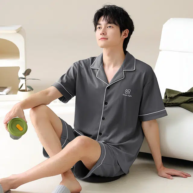 夏芬妍 简约舒适柔软高级感纯色纯棉翻领开衫家居服亲肤休闲短袖短裤时尚可外穿睡衣套装 男款 深灰色