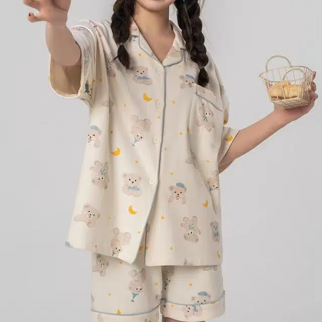 夏芬妍 甜美休闲舒适时尚月亮小熊纯棉翻领家居服亲肤宽松短袖短裤可外穿睡衣套装 女款 杏色