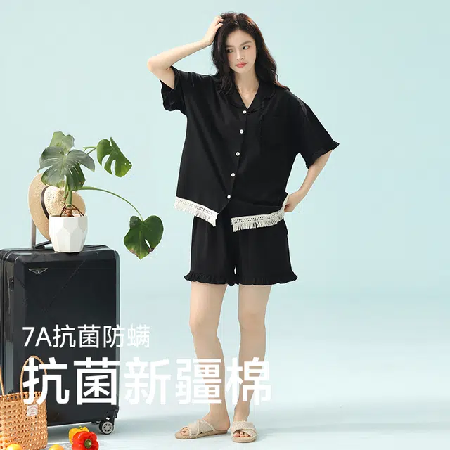 夏芬妍 柔软舒适透气亲肤纯色流苏木耳边翻领家居服休闲宽松凉感短袖时尚可外穿睡衣套装 女款 黑色