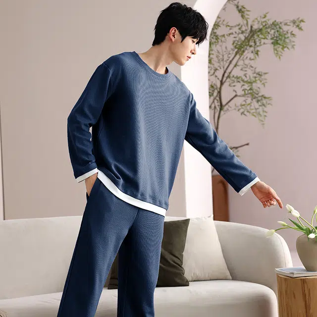 夏芬妍 时尚简约亲肤拼接色纯棉华夫格圆领套头家居服舒适休闲长袖长裤可外穿春秋款睡衣套装 男款 蓝色
